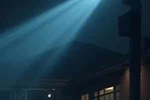 《破晓之前》横版封面：黎明前的山脊与营地灯光